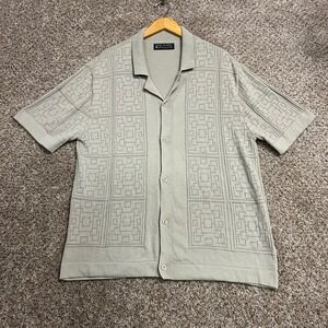 Free Planet Mens XL Sage Green Geometric Knit Short Sleeve Button Down Shirt